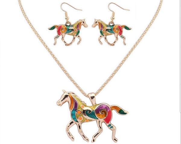 

animal horse pendant necklace enamel rainbow horse charm necklace earring sets women jewelry silver gold plated enamel jewelry set1863391