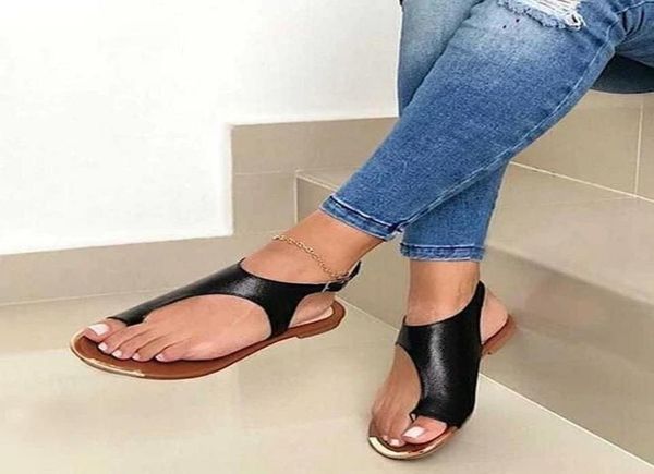 

summer women flat sandals beach casual solid shoes woman pu leather flip thong plus size sandalias party1052937, Black
