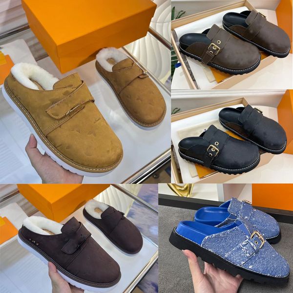 

new easy mules sandal suede fur designers slippers cosy comfort slipper flurry men women flat sandals genuine leather mule adjustable strap, Black