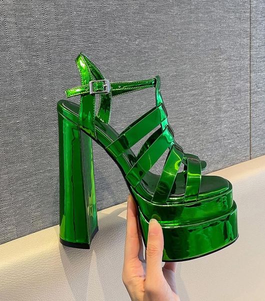 

mirror leather platform sandals rome shoes 2022 summer new thick high heel hollow women039s sandals8999955, Black