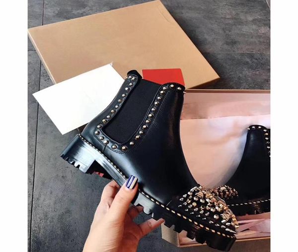 

new ankle booties winter fashion women spikes flat boots black shoe genuine leather metal casual designer boots size 35-407223589