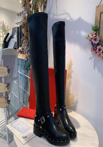 

new 2020 designer women black thighhigh motocycle boots brand ladies black stretch leather flat autumn winter martin boots 354228270798