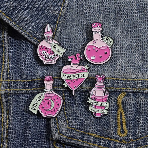 

magic medicine bottle style brooch carton pink potion metal badge european heart skull moon letters lapel pins for women clothes cowboy wear, Gray