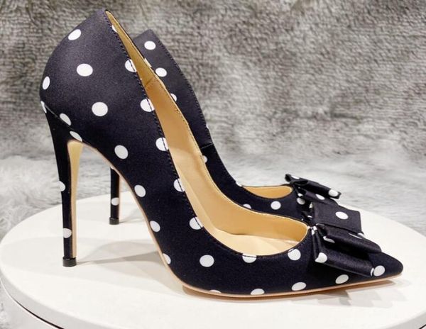 

2021 satin black women bridal shoes s high heels 8cm 10cm 12cm rivets plus size eu34 to 45 bowtie pointed toes pumps wedding shoe real silk