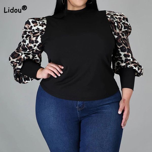 

women's plus size tshirt spring autumn clothe black oneck patchwork leopard lantern long sleeve casual striped print slim 230905