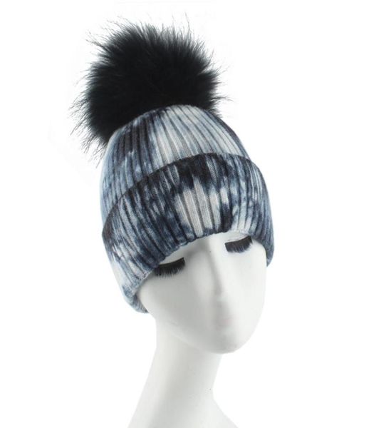 

2020 new fashion real fur pompon beanie hat for women winter wool knitted cap female tie dye luxury skullies lj20122130456675777608, Blue;gray