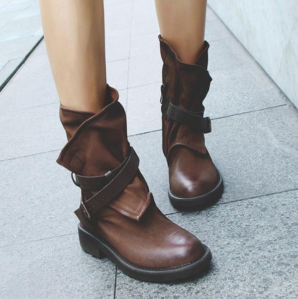

vintage boots women mid calf boots soft leather shoes female autumn winter motorcycle flat zapatos de mujer3209673, Black