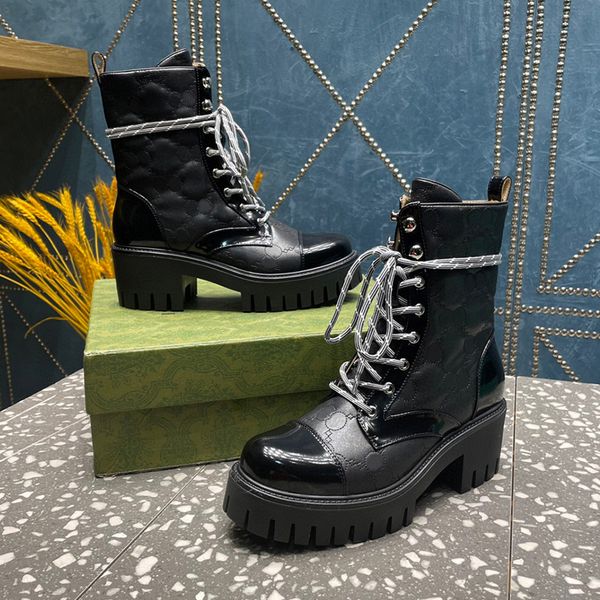 

new knight ankle boots round toe platform leather lace-up block heel martin booties 6cm women luxury designer motorcycle boots factory footw, Black