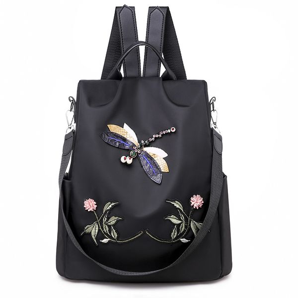 

Outlet factory women shoulder bag light waterproof Oxford leisure student backpack small fresh dragonfly embroidered handbag fashion sequin handbags 9069#, Black