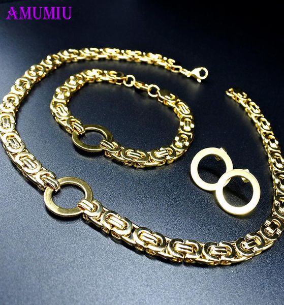 

amumiu byzantine gold chain necklace bracelets earring set for men women 316l stainless steel fashion party hztz113 25954026, Slivery;crystal