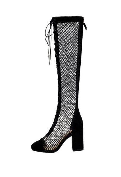 

boots mobetty leather fishnet crosstied women kneehigh thick heels mesh breathabl botas black apricot feminina1165601
