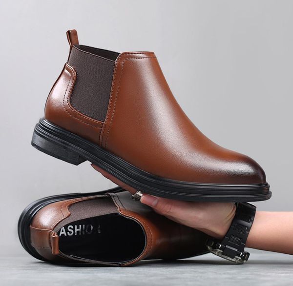 

men big size boots slip on short boots elastic british booties thick bottom work shoes6852562, Black