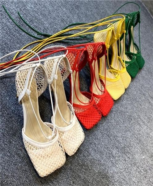 

women sandals hollow breathable mesh square toe stiletto high heels women ankle laceup elegant dress shoes large size 43 pumps 224147708, Black