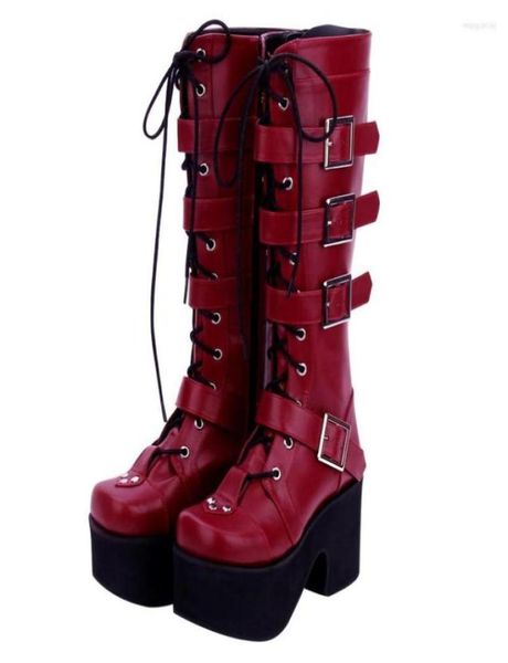 

boots japanese harajuku thick platform punk goth cosplay women burgundy leather buckle straps lace up high6269420, Black