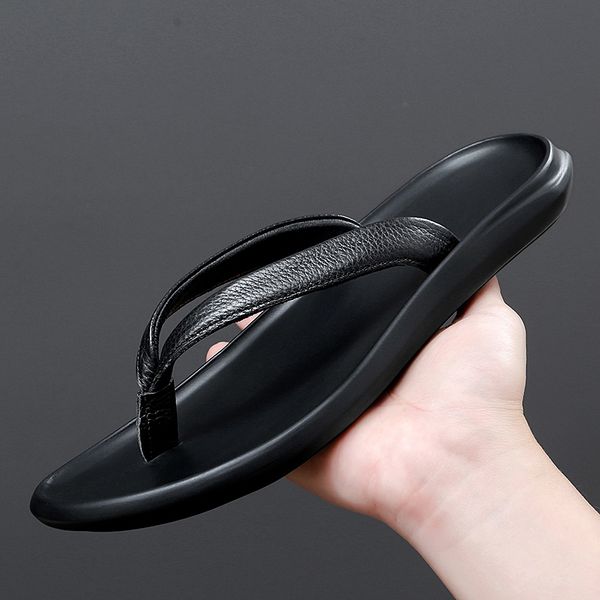 

men's sports sandals beach shoes summer men's shoes flip-flops cowhide outdoor fashion beach sandals low foot flat flip-flops non-, Black