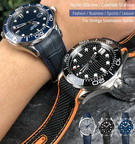 

19mm 20mm 21mm 22mm rubber nylon silicone watch band fit for omega gmt planet ocean seamaster diver 300 curved end orange strap9023775, Black;brown