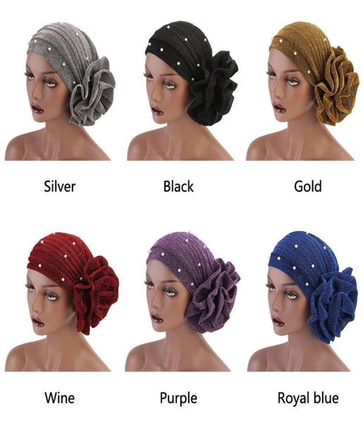 

fashion women hair caps muslim beaded glitter turban india cap big flower headband hair lose head wraps styling accessories1439489, Blue;gray