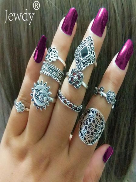 

9pcslot sun moon clover finger ring set for women punk vintage tibetan fatima hand knuckle rings party jewelry accessories8346831, Silver