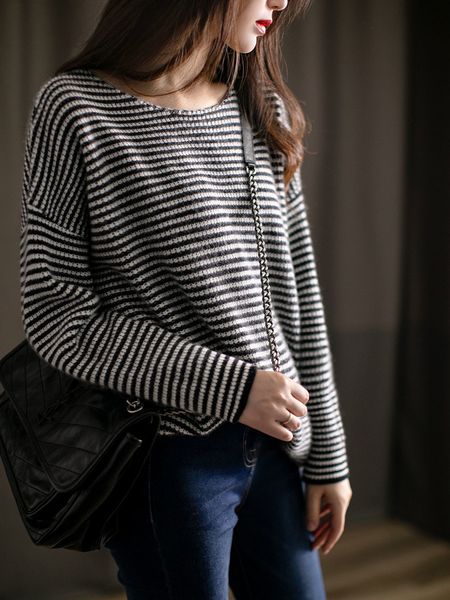

women s sweaters autumn and winter cashmere pullover long sleeve black white stripe o neck women s casual fashion au 230906, White;black