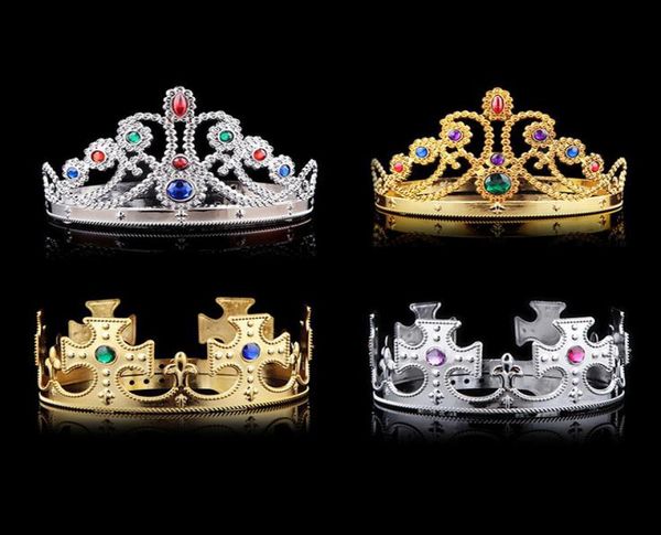 

2018 new fashion queen and king crown hairband with acrylic stone golden and silver color plastic adustable size for and chi8787405, White;golden