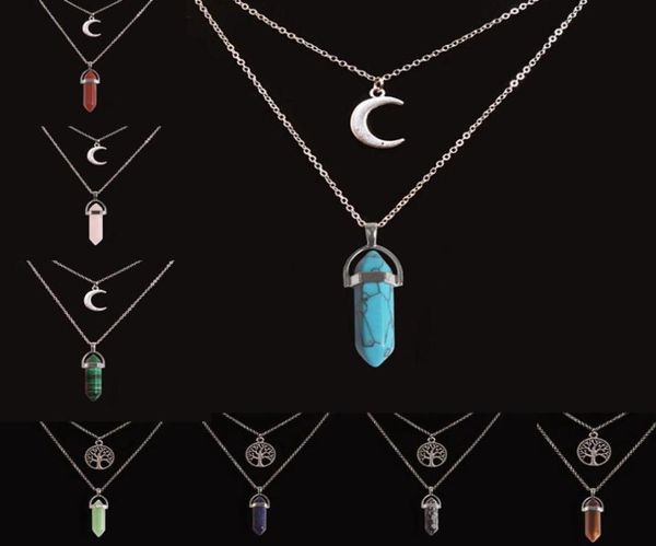 

designer jewelry necklaces double chain moon tree pendant healing natural stone turquoise rose quartz pendants silver gold plated 1402170