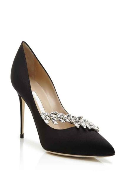 

elegant bridals wedding nadira satin sandals shoes women pointed toe crystal leaf embellishment stiletto lady excellent high heels6844847, Black