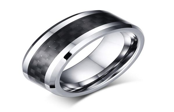 

8mm tungsten steel wedding band mens womens tungsten ring with black carbon fiber inlay engraving8462920, Silver