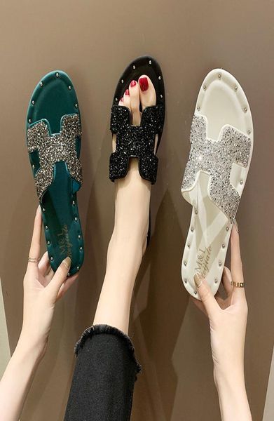 

luxury designer shoes slippers women wear 2020 summer new korean students allmatch fashion crystal flat sandals shoes6176996, Black