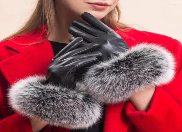 

five fingers gloves real sheepskin fur women39s genuine leather glove winter warm fashion style natural fluffy oversized2192244, Blue;gray
