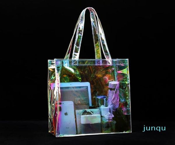 

clear holographic pvc tote bag iridescent premium glitter rainbow beach bag promotional shopping bag5563977