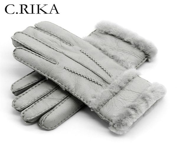 

100 genuine sheepskin leather gloves women winter autumn fashion warm fleece snow mittens men outdoor five finger wrist 2201112586806, Blue;gray