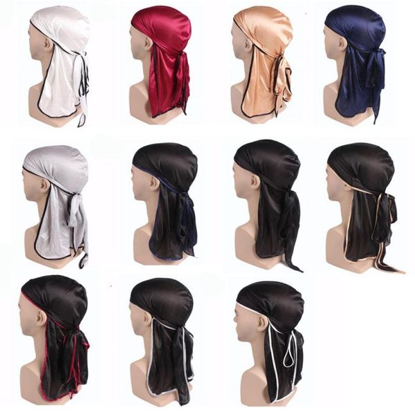 

new arrival fashion satin durags bandana turban silk caps for men women elastic beanies hiphop black white solid color hat6360373, Blue;gray