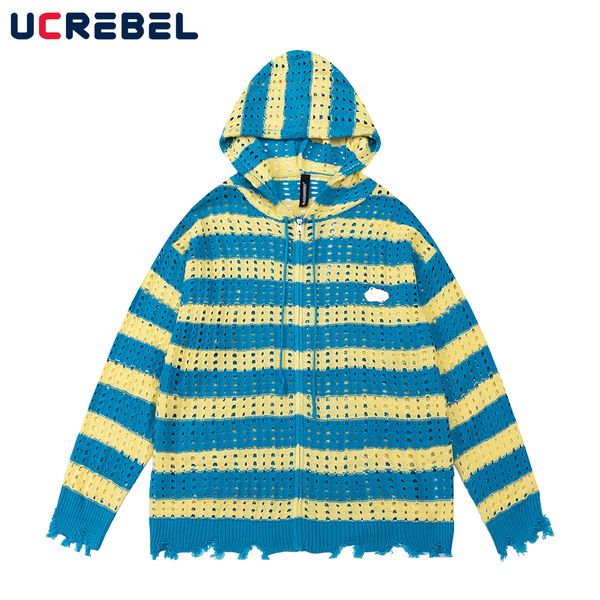 

mens sweaters contrast paneled knitted sweater loose long sleeve color block hooded men streetwear cardigan outerwear 230905, White;black