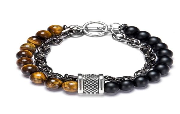 

2 layers mens bracelet agate turquoise tiger eye stone beaded bracelet ot buckle stainless steel chain fashion accessories1865720, Black