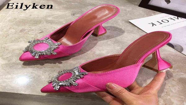 

eilyken rose red women pumps silk satin pointed toe rhinestone crystal high heels woman wedding pumps slip on cup heeled mules1821397, Black