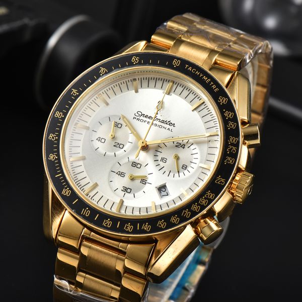

omeg wrist watches for mens calendar watches all dial work quartz watch luxury brand chronograph clock men fashion speedmaster steel belt ty, Slivery;golden