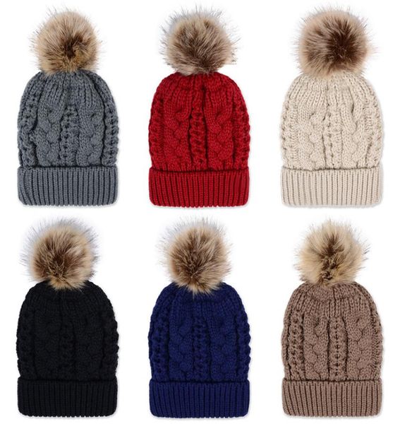 

winter thick double layer colorful snow caps wool knitted beanie hat with artificial raccoon fur pom poms for women men hip hop ca9381668, Blue;gray