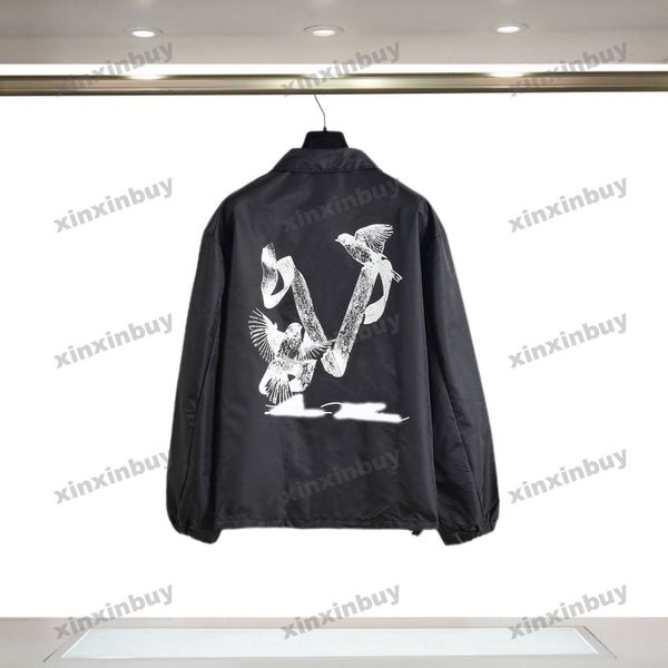 

xinxinbuy men designer coat jacket birds letter print long sleeves women gray black khaki apricot s-xl, Black;brown