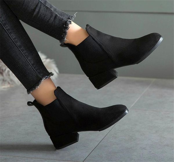 

women autumn winter flock ankle boots slipon round toe 35cm square heel solid casual black camel booties size 35419477858
