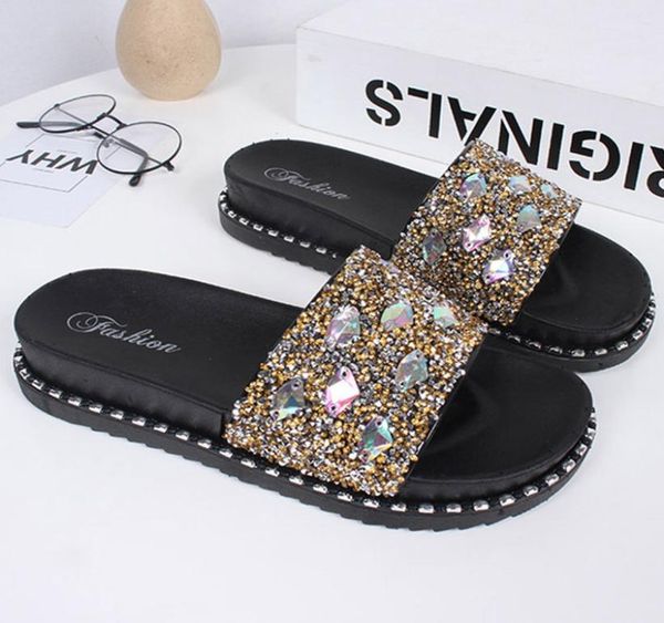 

women beach flip flops slippers flat women causal shoes woman gold slipper slides crystal bling sandals female brand slip2767524, Black