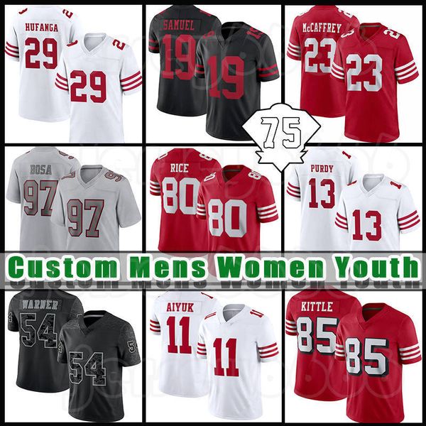 

23 christian mccaffrey football jersey george kittle talanoa hufanga brock purdy deebo samuel nick bosa ronnie bell sam darnold brandon aiyu, Black;red