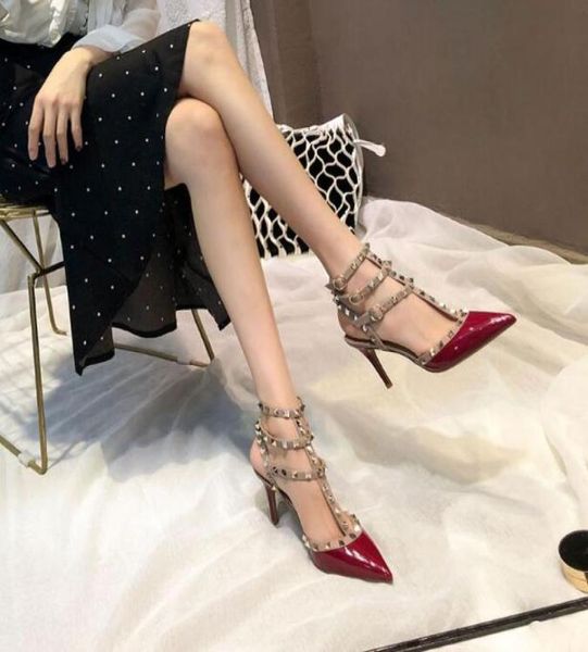 

pointed toe 2strap with studs high heels patent leather rivets sandals women studded strappy dress shoes valentine high heel3210030, Black