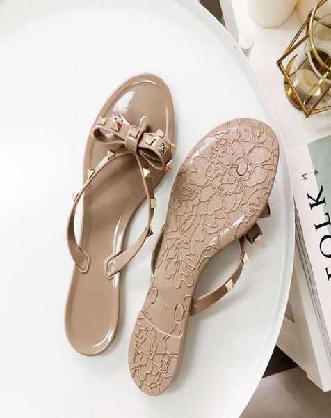 

quality women rivets bow knot flat slippers sandals girls brands flip flops studded summer shoes cool beach slides jelly desi9422333, Black