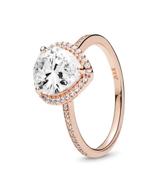 

18k rose gold tear drop cz diamond ring with original box fit 925 silver wedding rings set engagement for women jewelry8752986, Golden;silver