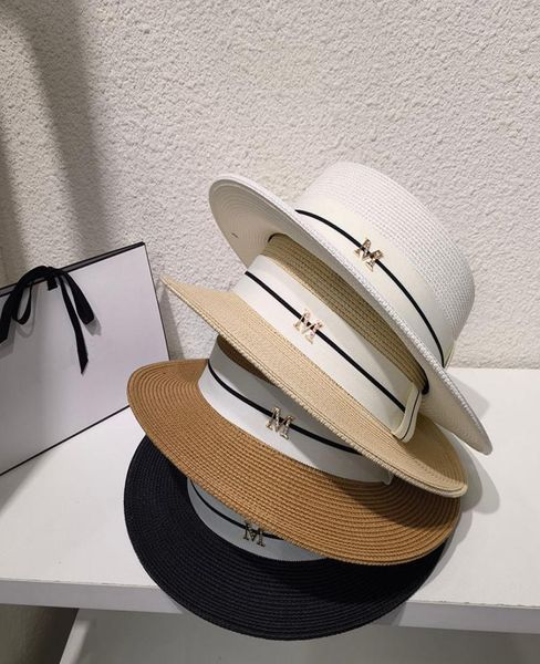 

letter lady straw hats white ribbon wide brim hats with slender black line women elegant temperament sunhats7532559, Blue;gray