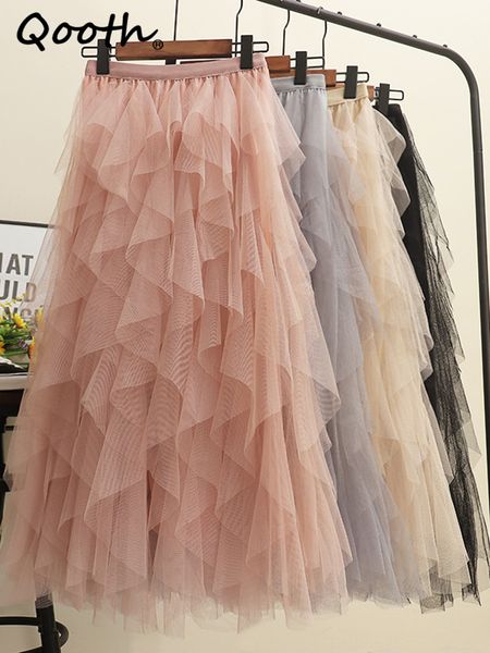 

skirts qooth women tulle cake mesh skirt elegant elastic waist fairy long a-line tutu skirt for spring summer qt2138 230907, Black