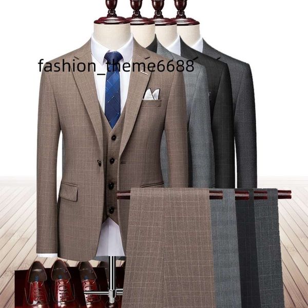 

in stock men suit 3 pieces set jacket vest pants plaid grey groom suits for men 2022, White;black