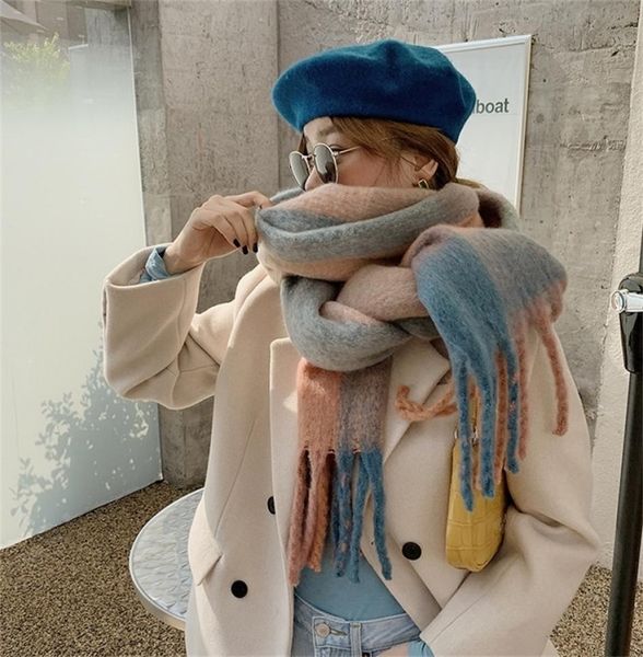 

scarves winter cashmere plaid tassels shawl love thick braid rainbow color matching scarf women 2209145033305, Blue;gray
