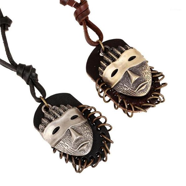 

face mark stainless steel mens biker rock punk pendant leather necklace p6119520602, Silver