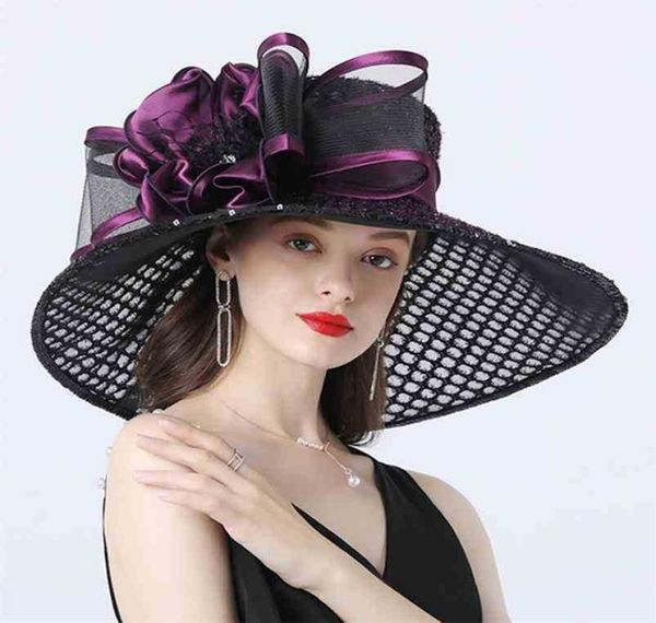

16cm wide women brim flower mesh sun hat lady bow summer beach church derby dress fascinator bridal party wedding 2106085089765, Blue;gray